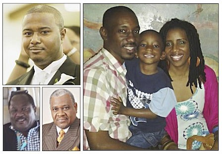 Bahamians killed in plane crash - co-pilot Franhkan Cooper (top left), pilot Stanley Thurston (bottom left), Dr. Richard Pinder, Lavard and Radel Parks and their son, 5 year old Johanan. The identity of the ninth victim from Africa, has not been released. (photo: via Tribune)