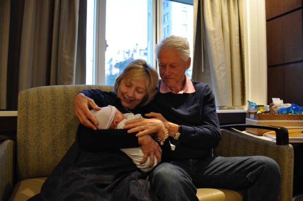 Hillary and Bill Clinton with newborn grandson, Aidan Clinton Mizvensky